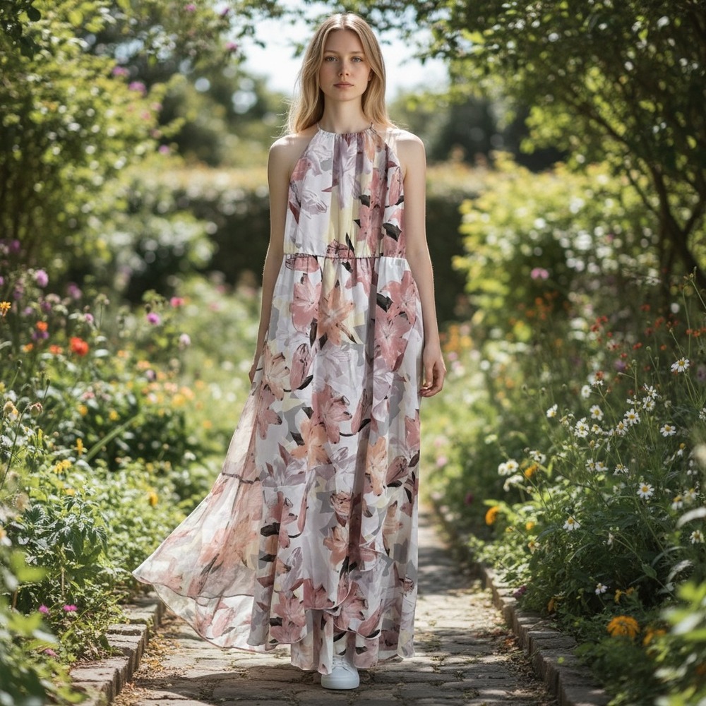 Chic Style Floral Halter Maxi Dress Pink White High Low Ruffle Summer Small NWT
